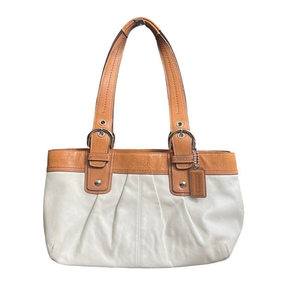 Coach Handbags - Coach F13782 White & Tan Leather Shoulder Bag Silver Buckles Classic Tote
